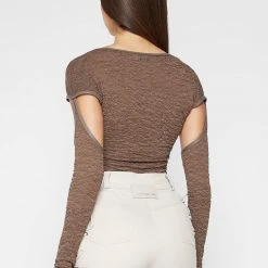 Woman Tops Shirred Cut Out Bodysuit - Brown