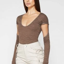 Woman Tops Shirred Cut Out Bodysuit - Brown