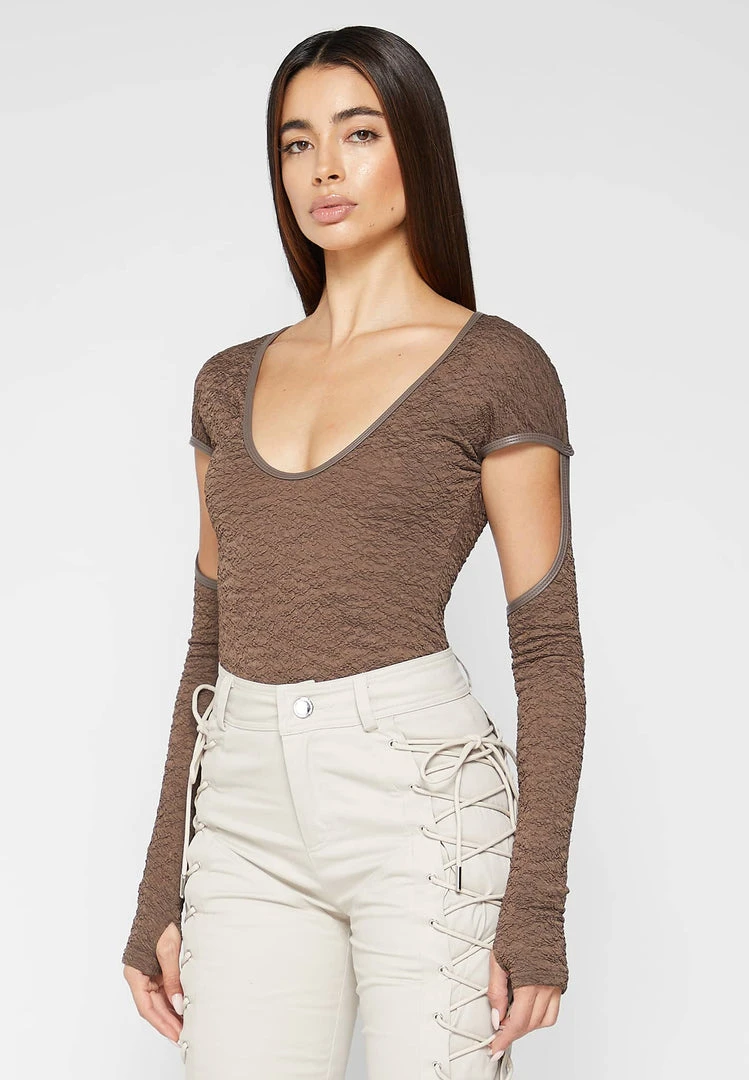 Woman Tops Shirred Cut Out Bodysuit - Brown