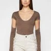 Woman Tops Shirred Cut Out Bodysuit - Brown