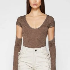 Woman Tops Shirred Cut Out Bodysuit - Brown