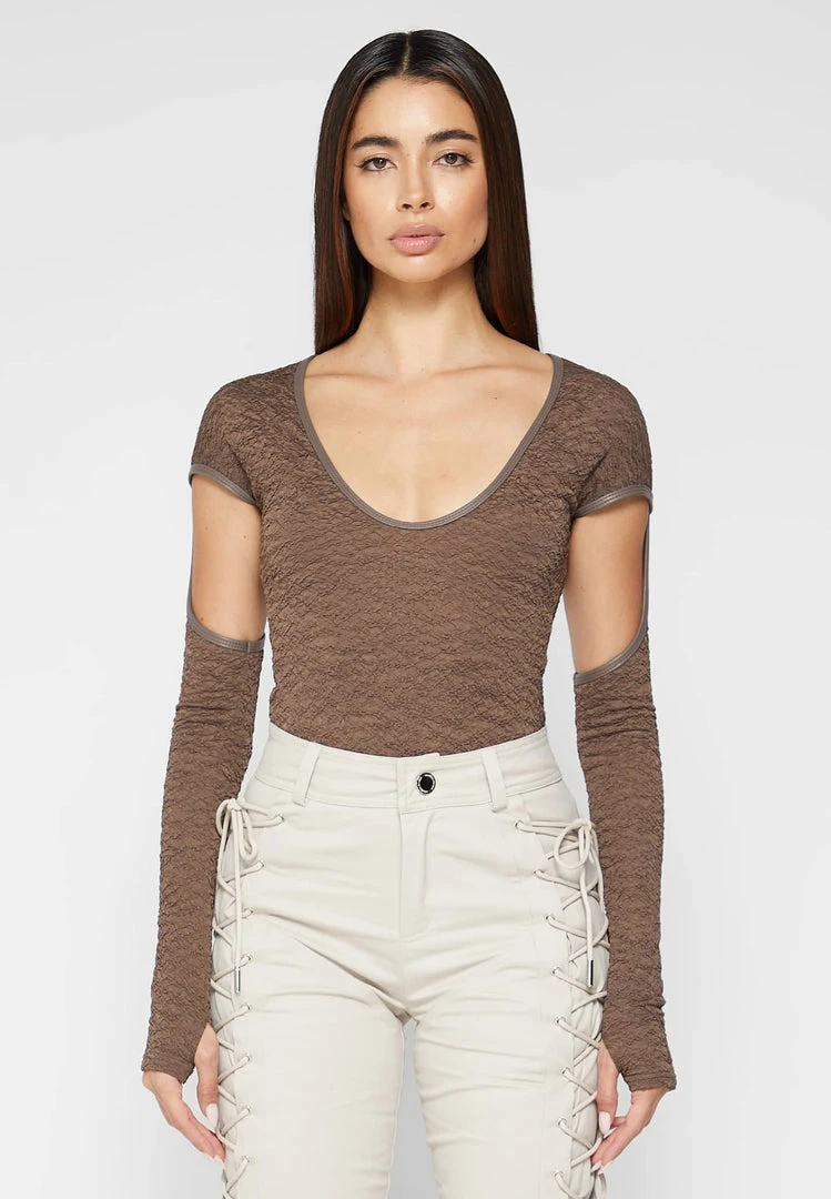 Woman Tops Shirred Cut Out Bodysuit - Brown