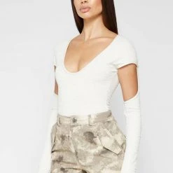 Woman Tops Shirred Cut Out Bodysuit - Off White BODYSUITS