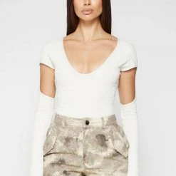 Woman Tops Shirred Cut Out Bodysuit - Off White BODYSUITS