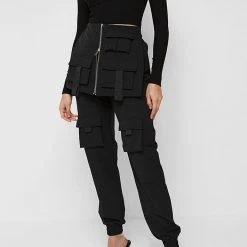 Woman Trousers Skirt Overlay Cargo Pants - Black