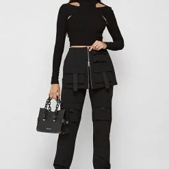 Woman Trousers Skirt Overlay Cargo Pants - Black