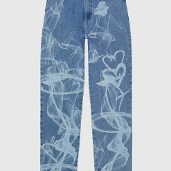 Woman Denim Smoke Print Mom Jeans - Mid Blue