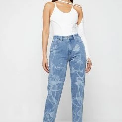 Woman Denim Smoke Print Mom Jeans - Mid Blue