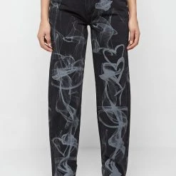 Woman Denim Smoke Print Mom Jeans - Washed Black