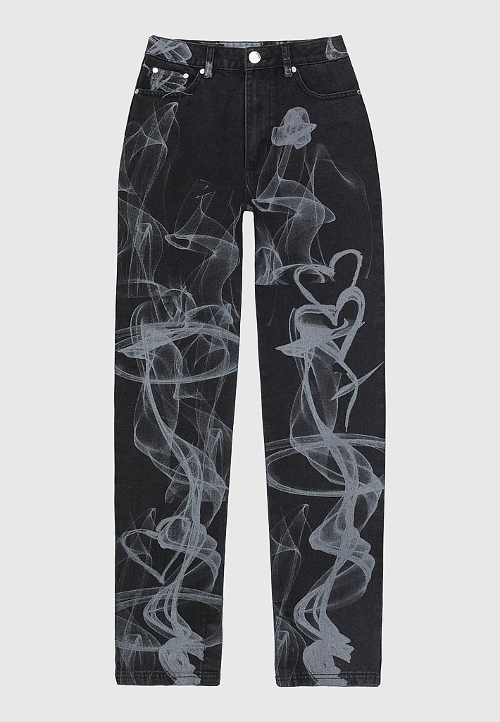 Woman Denim Smoke Print Mom Jeans - Washed Black