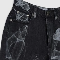 Woman Denim Smoke Print Mom Jeans - Washed Black