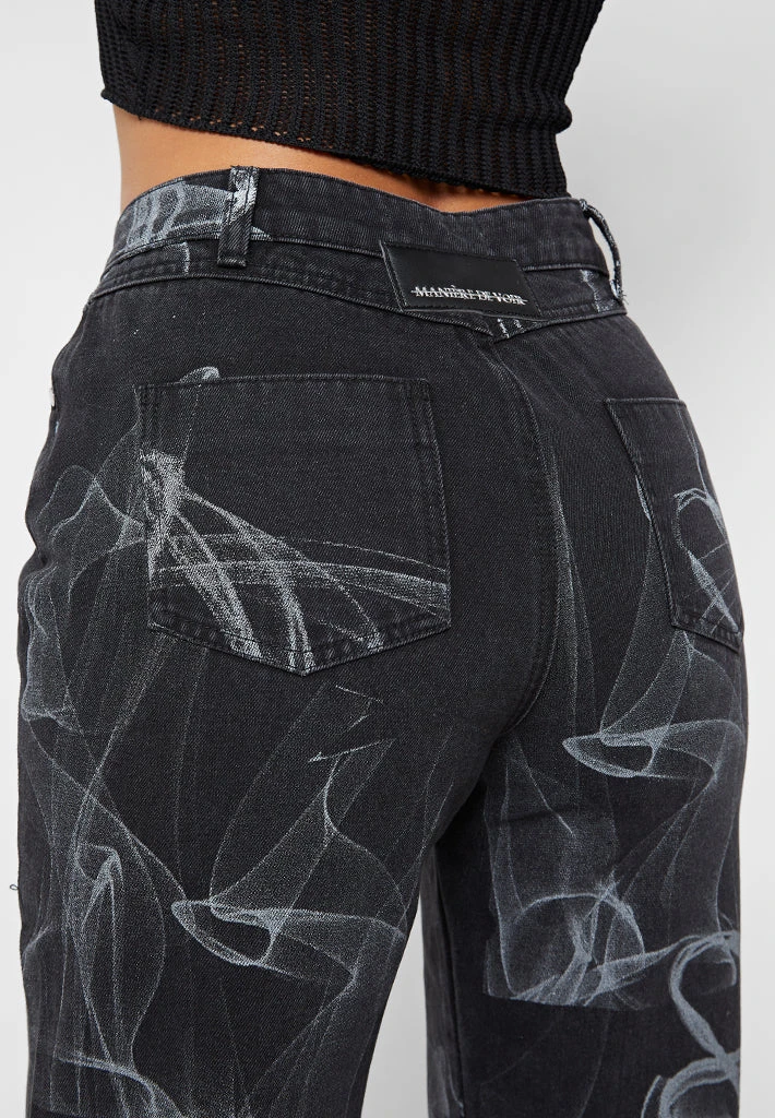 Woman Denim Smoke Print Mom Jeans - Washed Black