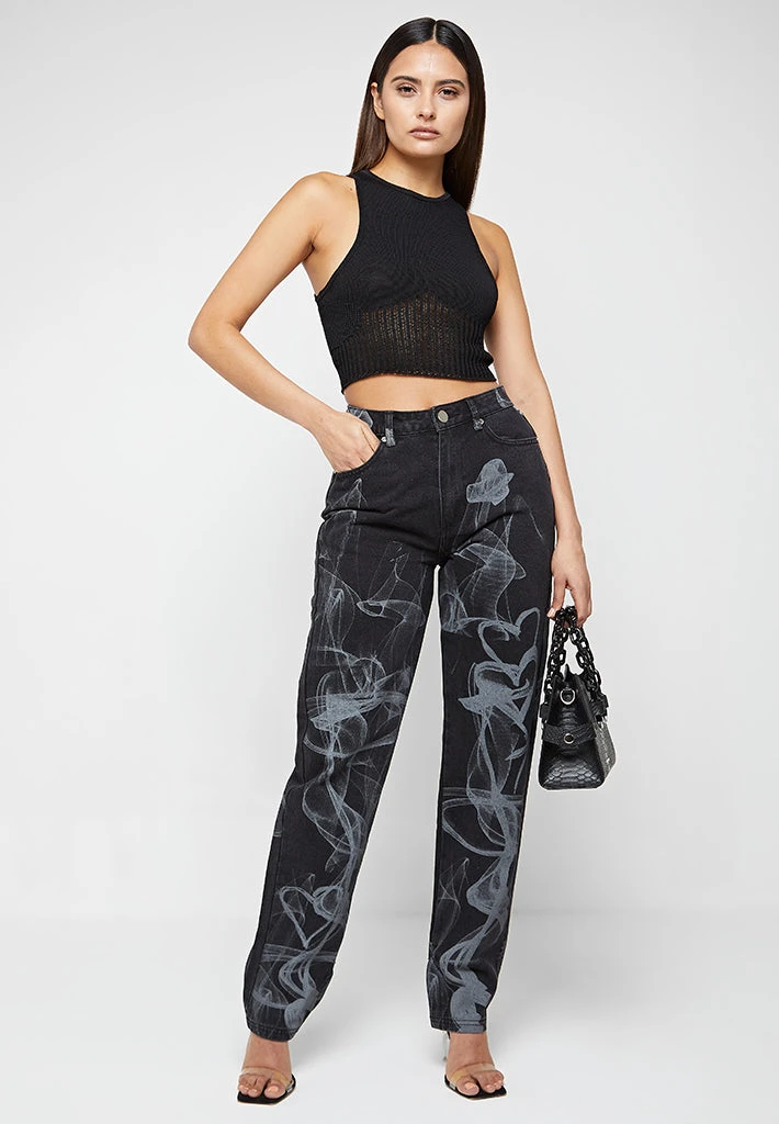 Woman Denim Smoke Print Mom Jeans - Washed Black