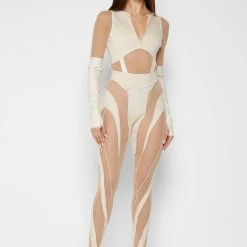 Woman Leggings Spiral Contour Mesh Leggings - Beige