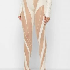 Woman Leggings Spiral Contour Mesh Leggings - Beige