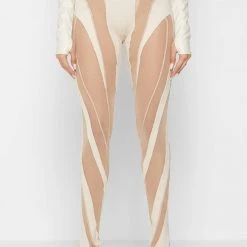 Woman Leggings Spiral Contour Mesh Leggings - Beige