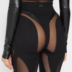 Woman Leggings Spiral Contour Mesh Leggings - Black