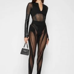 Woman Leggings Spiral Contour Mesh Leggings - Black