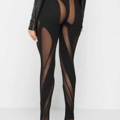 Woman Leggings Spiral Contour Mesh Leggings - Black