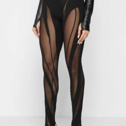 Woman Leggings Spiral Contour Mesh Leggings - Black