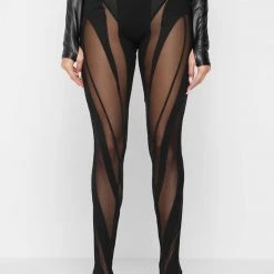 Woman Leggings Spiral Contour Mesh Leggings - Black