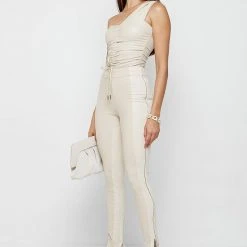 Woman Leggings Split Vegan Leather Leggings - Light Beige