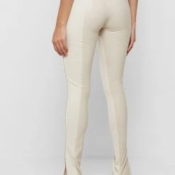Woman Leggings Split Vegan Leather Leggings - Light Beige
