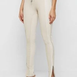 Woman Leggings Split Vegan Leather Leggings - Light Beige