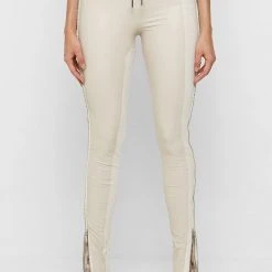 Woman Leggings Split Vegan Leather Leggings - Light Beige