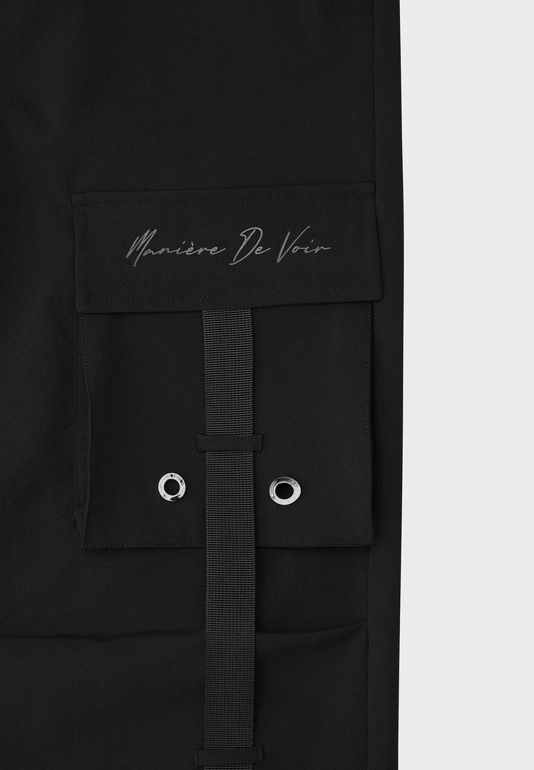 Man Casual Trousers Strap Cargo Pants - Black