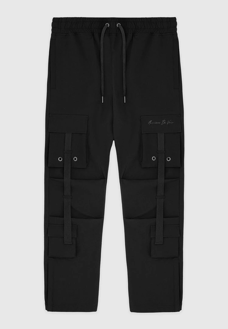 Man Casual Trousers Strap Cargo Pants - Black