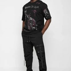 Man Casual Trousers Strap Cargo Pants - Black