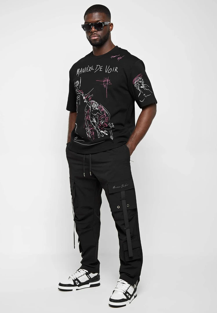 Man Casual Trousers Strap Cargo Pants - Black