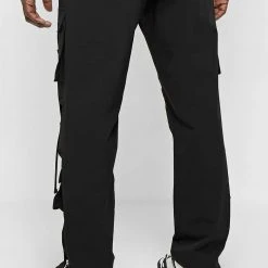 Man Casual Trousers Strap Cargo Pants - Black