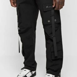 Man Casual Trousers Strap Cargo Pants - Black