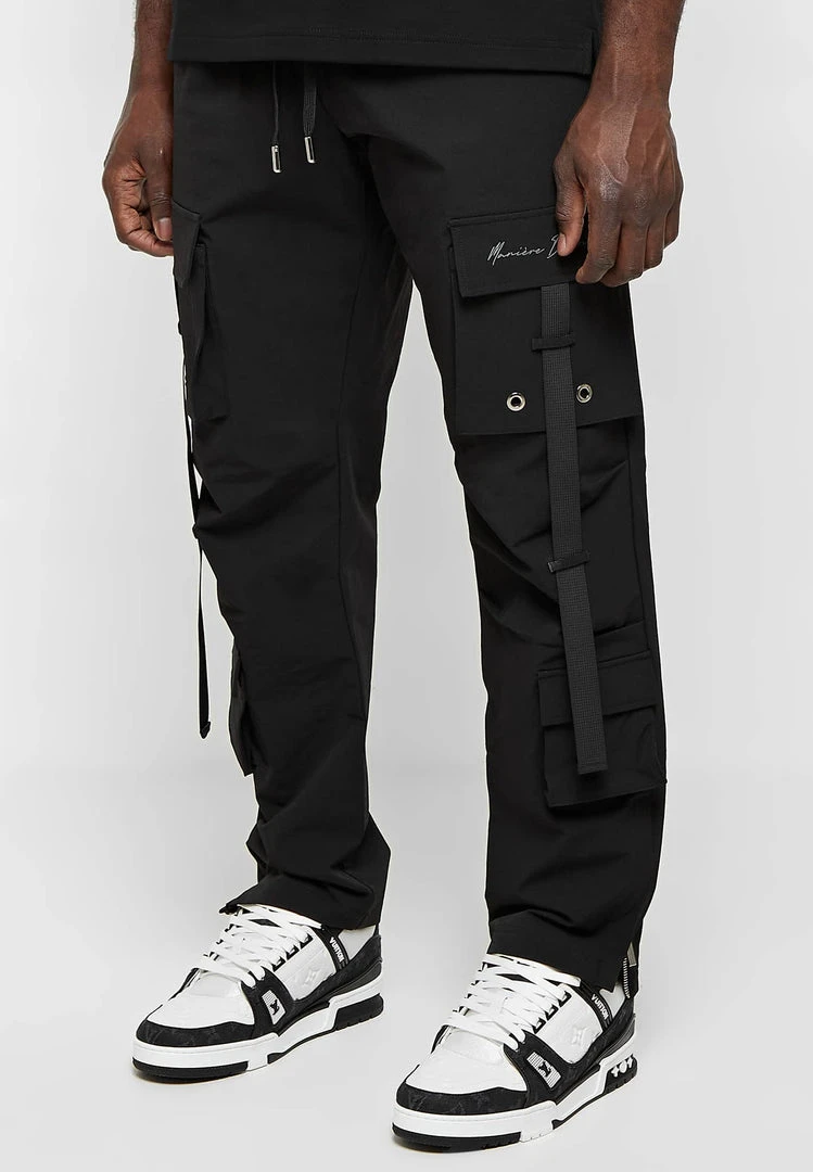 Man Casual Trousers Strap Cargo Pants - Black