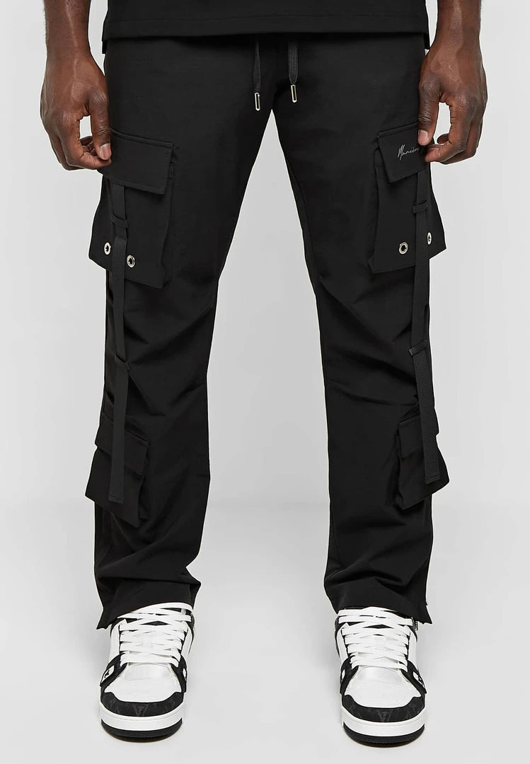 Man Casual Trousers Strap Cargo Pants - Black