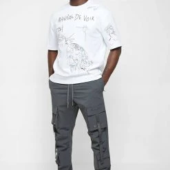 Man Casual Trousers Strap Cargo Pants - Grey