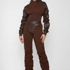 Woman Tracksuits Tacked High Waisted Joggers - Brown