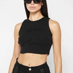 Woman Tops Tacked Ribbed Crop Top - Black TOPS & T SHIRTS