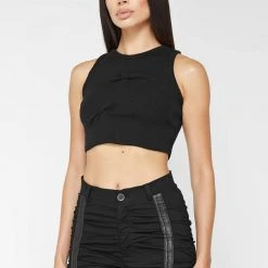 Woman Tops Tacked Ribbed Crop Top - Black TOPS & T SHIRTS