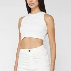 Woman Tops Tacked Ribbed Crop Top - White