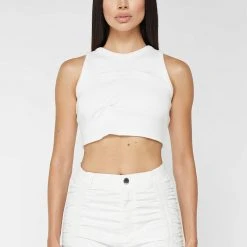 Woman Tops Tacked Ribbed Crop Top - White