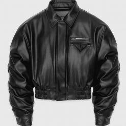 Woman Jackets Tacked Vegan Leather Bomber Jacket - Black