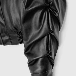 Woman Jackets Tacked Vegan Leather Bomber Jacket - Black