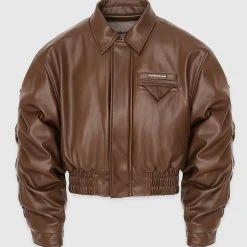 Woman Jackets Tacked Vegan Leather Bomber Jacket - Brown