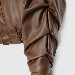 Woman Jackets Tacked Vegan Leather Bomber Jacket - Brown