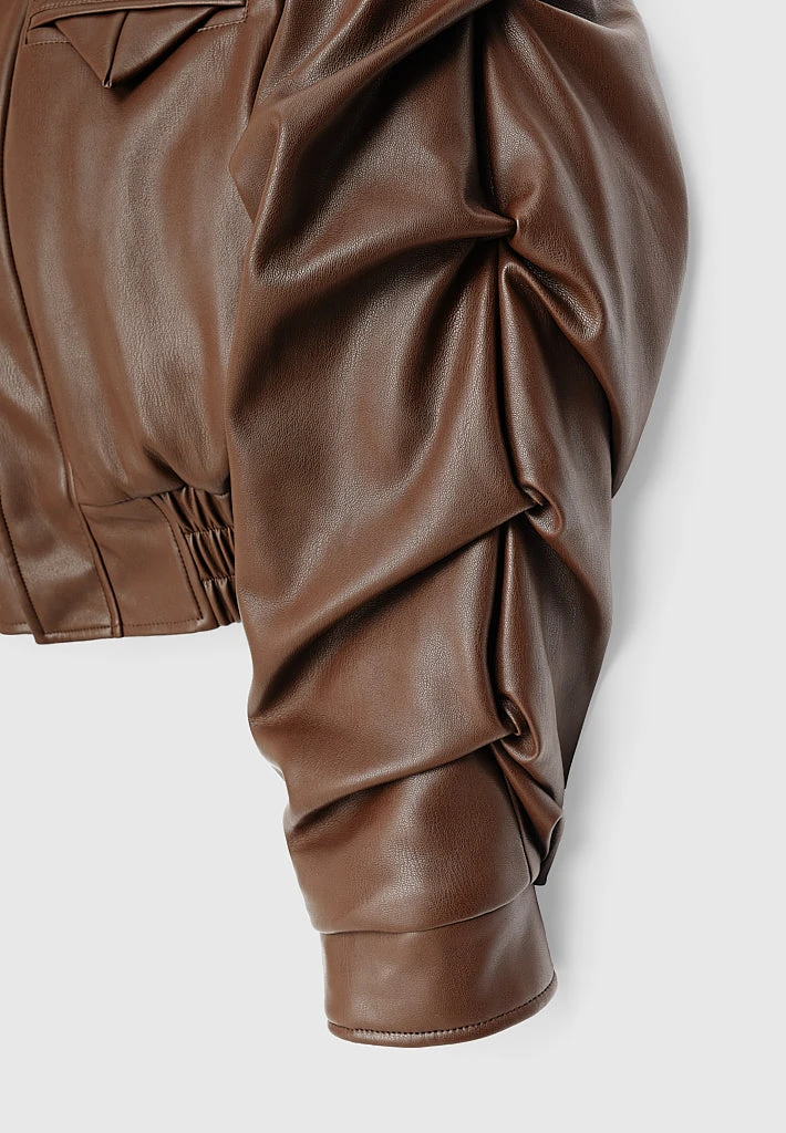 Woman Jackets Tacked Vegan Leather Bomber Jacket - Brown