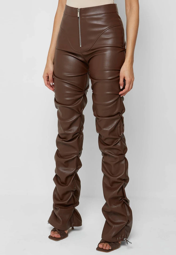 Woman Trousers Tacked Vegan Leather Flared Trousers - Chocolate Brown