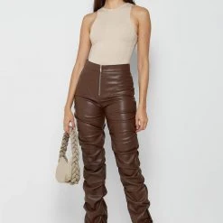 Woman Trousers Tacked Vegan Leather Flared Trousers - Chocolate Brown